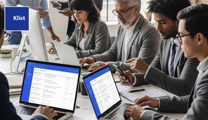 Pessoas num escritório usando computadores e smarphones com o aplicativo de organização de tarefas Klist Plus