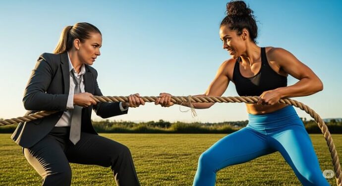 Duas mulheres fazendo uma competição de cabo de guerra numa alusão ao embate diário entre motivação x disciplina