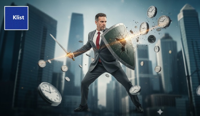 Homem caucasiano de meia idade, vestindo terno e usando um escudo e uma espada para se defender de relógios voadores vindos em sua direção de modo a ilustrar como acabar com a procrastinação