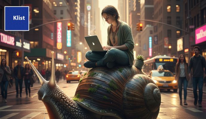 Moça sentada em cima de uma lesma gigante simbolizando a lentidão das pessoas que sofrem com a lei de Parkinson na realização de suas tarefas