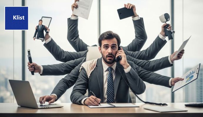 Homem branco de cerca de 30 anos, de terno, num escritório, tentando ser multitarefas